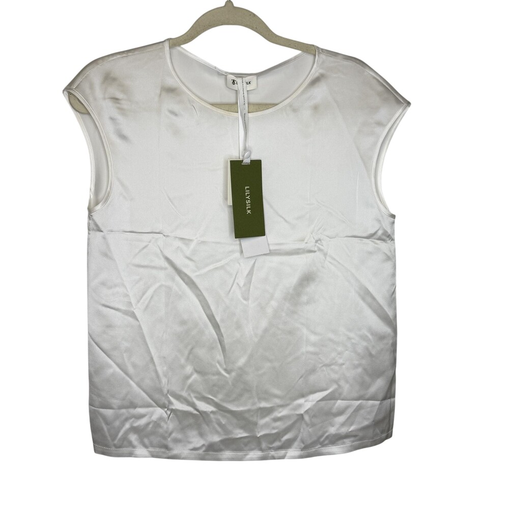 LILYSILK Blouse Womens XS White 100% Mulberry Silk Cap Sleeve Satin Top Basic